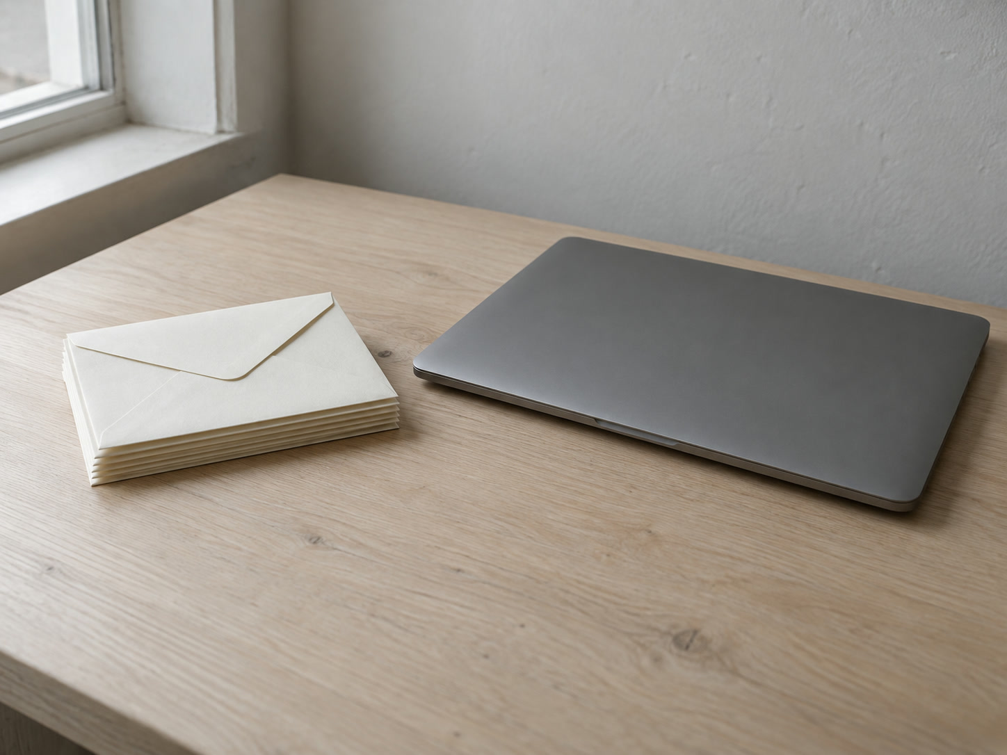 A small stack of sealed, unopened envelopes beside a closed laptop on a pale wooden desk in soft daylight.
