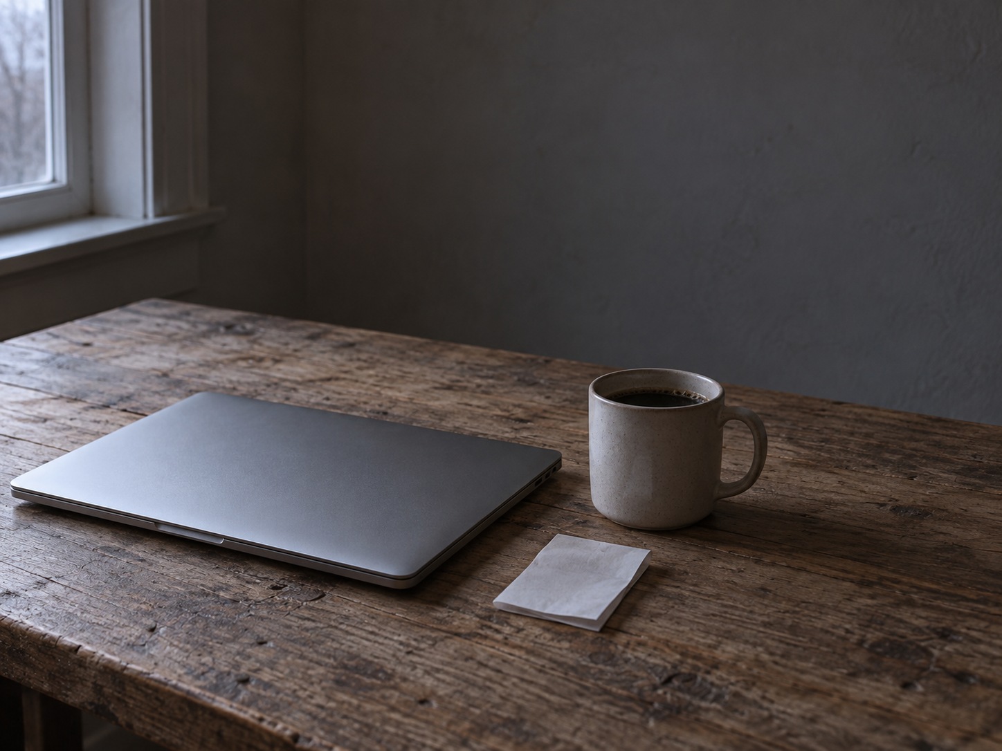 A closed laptop beside a cold cup of coffee and a folded blank receipt on a kitchen table at night.