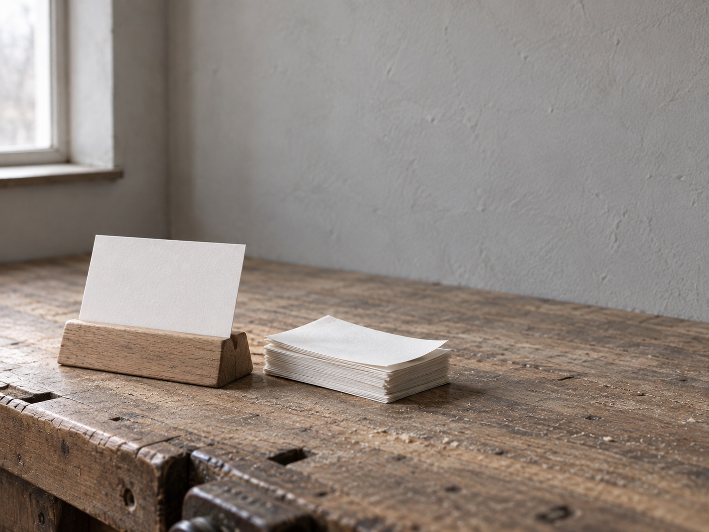 A small blank tabletop card stand beside a neat stack of blank paper receipts on a shop counter.