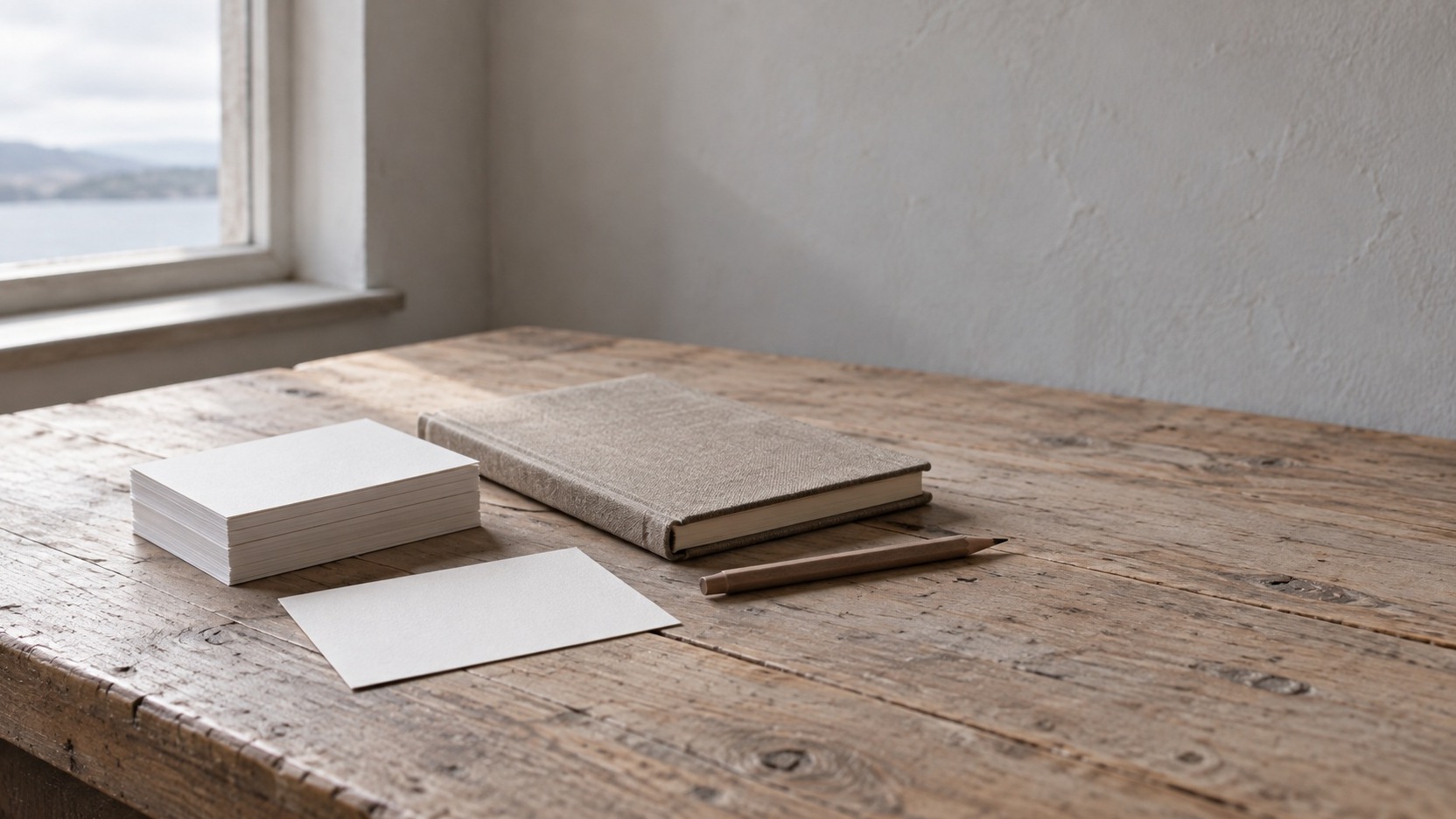 A small stack of blank index cards with one card set apart, beside a closed notebook and a pencil on a pale wooden desk.