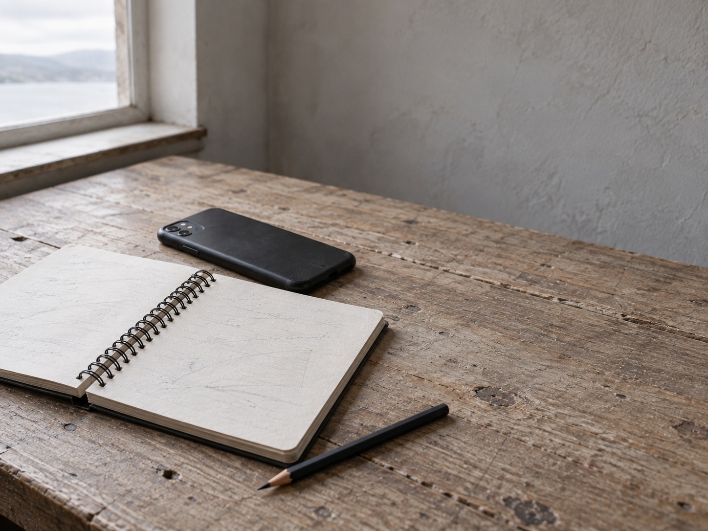A spiral notebook with faint unreadable pencil notes, a pencil and a face-down phone on a wooden desk.