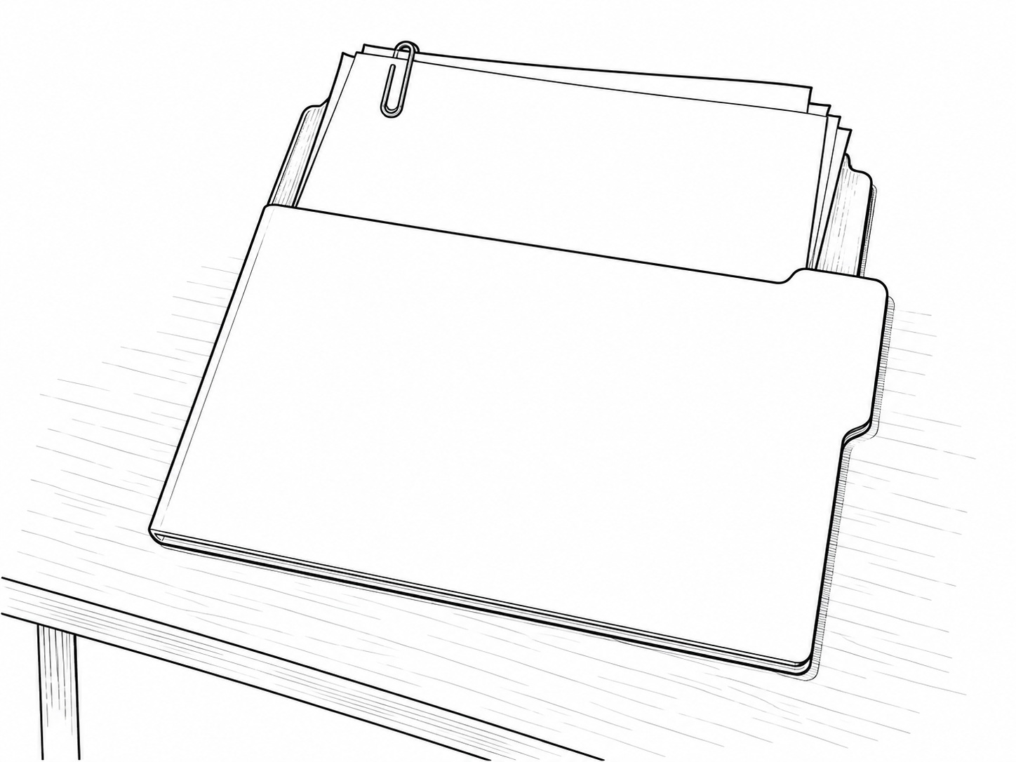 A plain manila folder holding a few blank printed pages and a paper clip on an office desk.