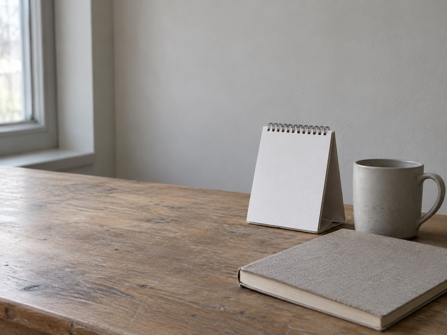 A small desk calendar with blank pages standing beside a ceramic mug and a closed notebook.