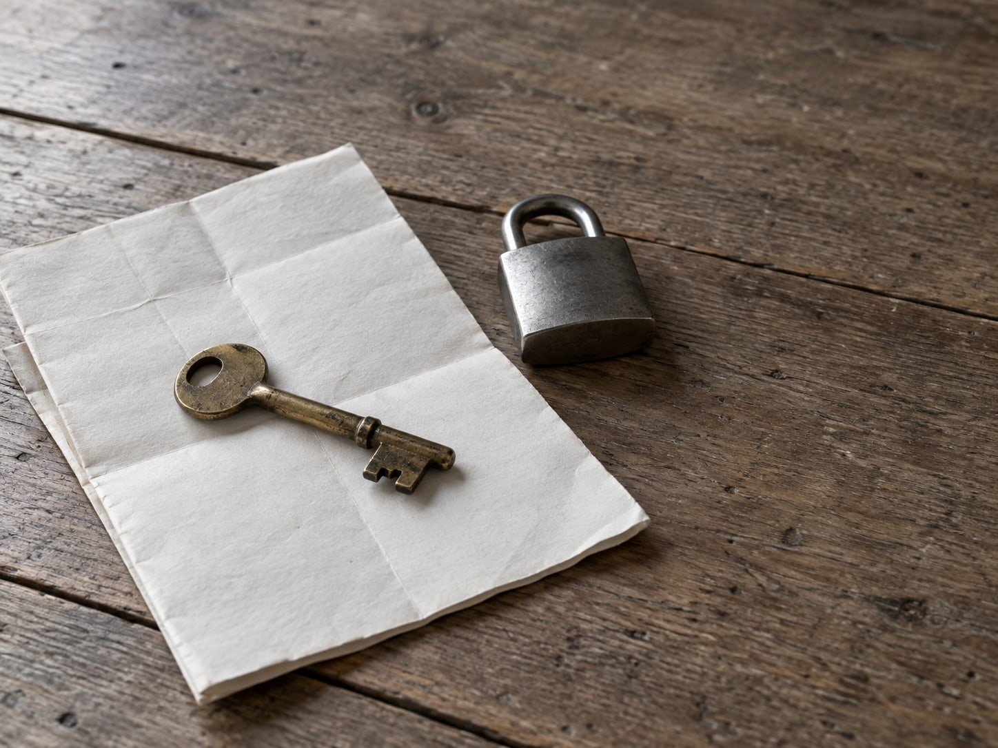 A brass key resting on a folded paper map beside a closed padlock on a wooden table.
