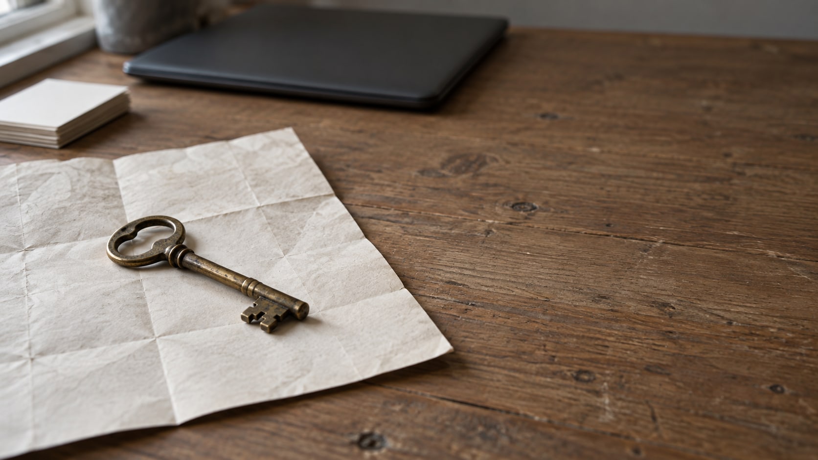 A brass key on a folded paper map beside a closed laptop and a small stack of blank cards on a wooden desk.