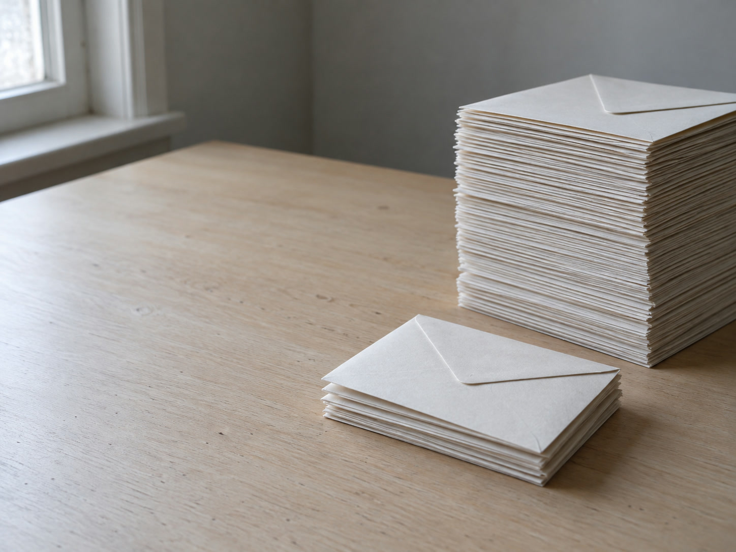 A short stack of envelopes on a desk beside a much taller stack left untouched.