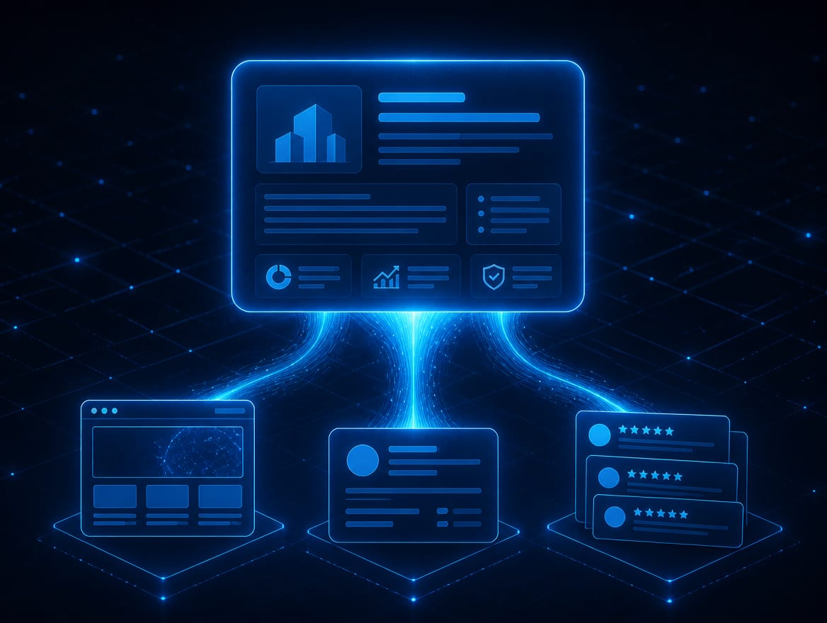 An AI answer engine summarizing a company from its website, profile, and reviews.