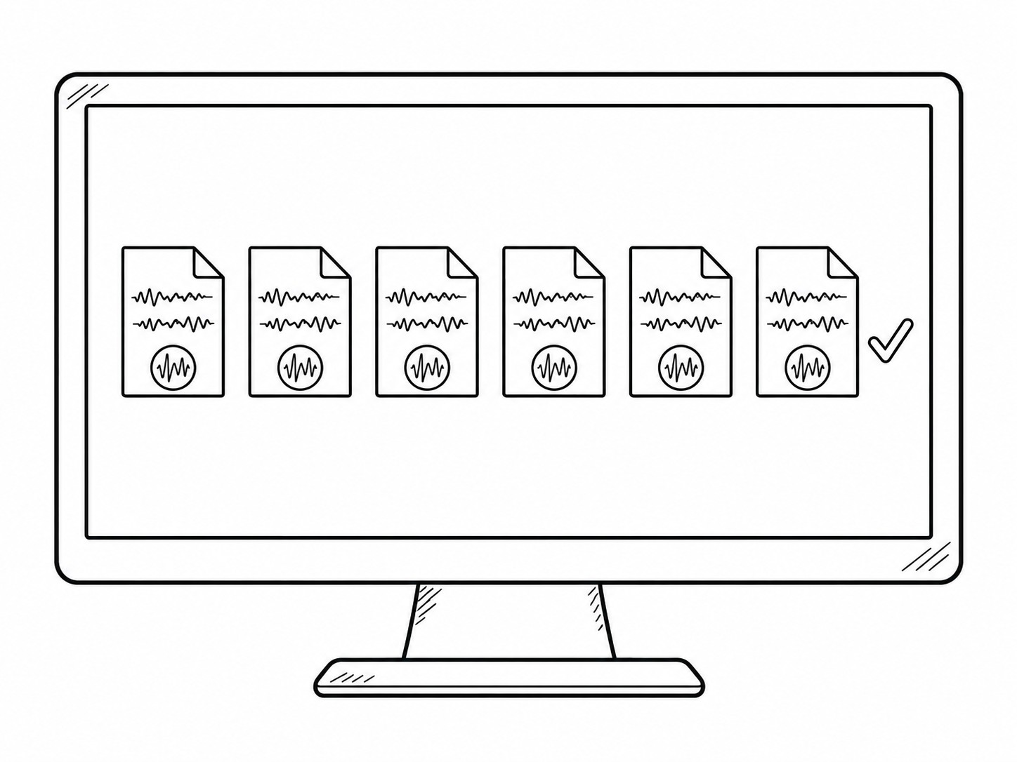 Six labeled audio files arranged in a neat row on a monitor, with a small checkmark beside the last one.