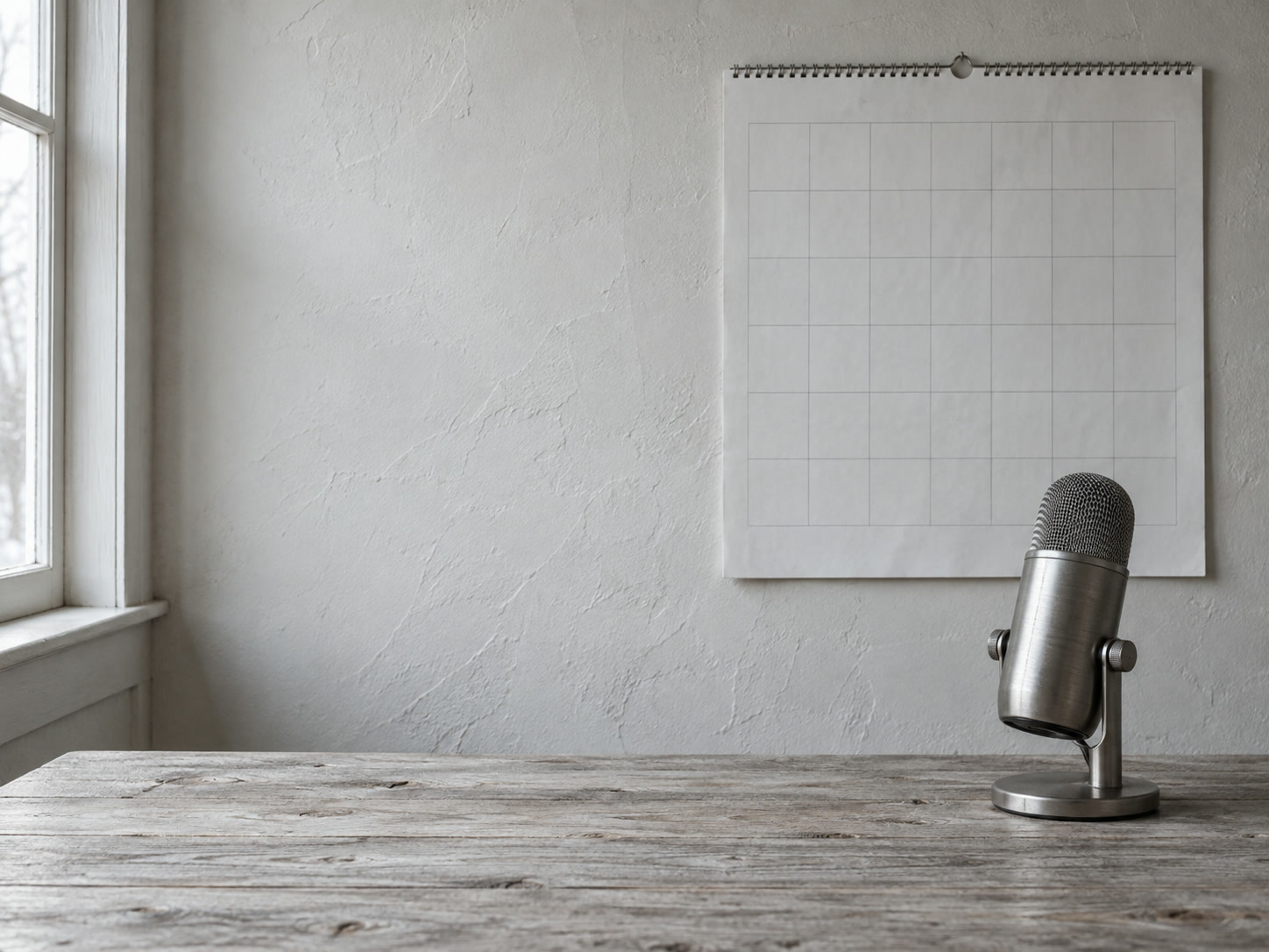 A studio microphone on a wooden desk below a blank wall calendar grid.