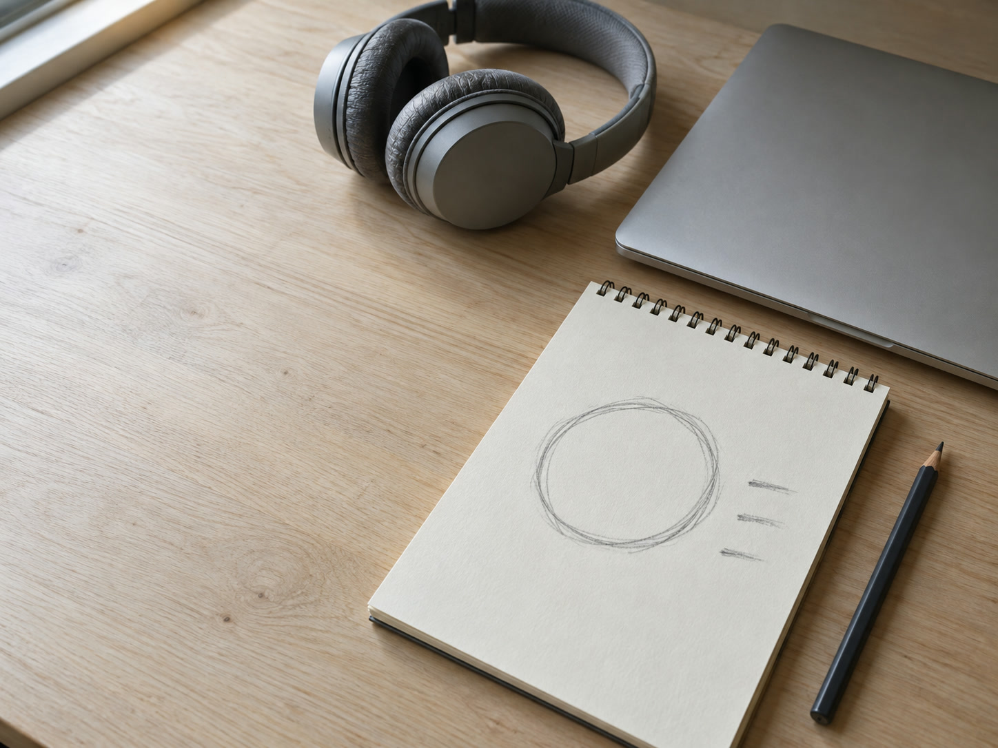 A notepad with a pencil circle and three short marks, beside headphones and a closed laptop on a pale wooden desk.