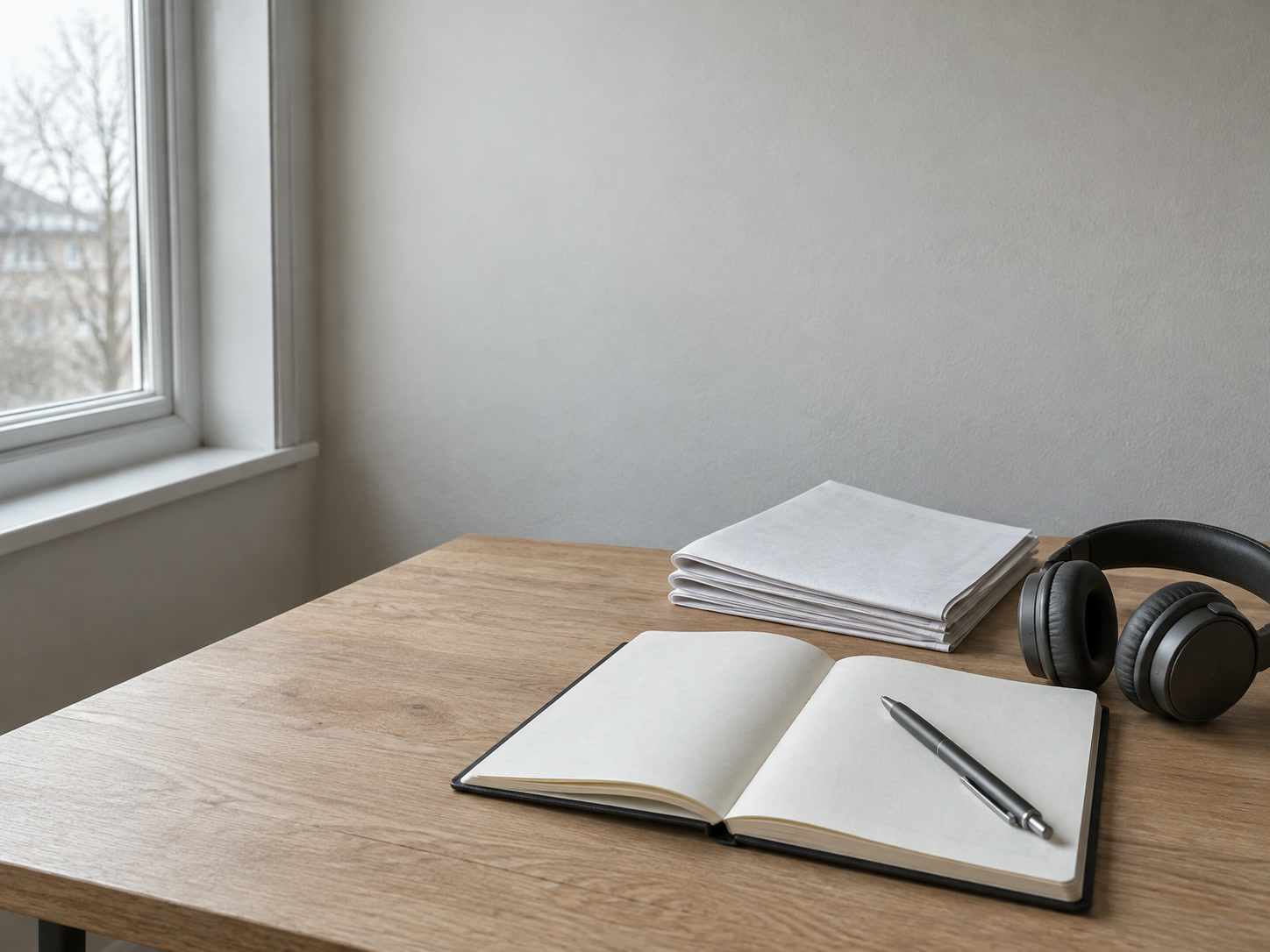 An open blank notebook with a pen, beside a small stack of papers and a pair of headphones on a pale wooden table.