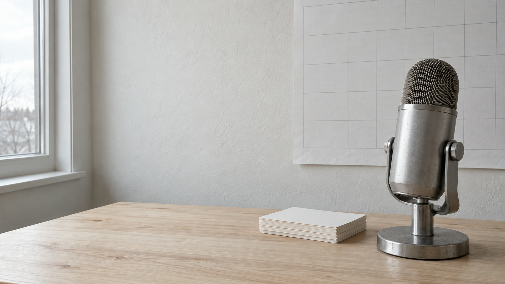 A studio microphone on a pale wooden desk beside a small stack of cards, with a blank planner grid on the wall.
