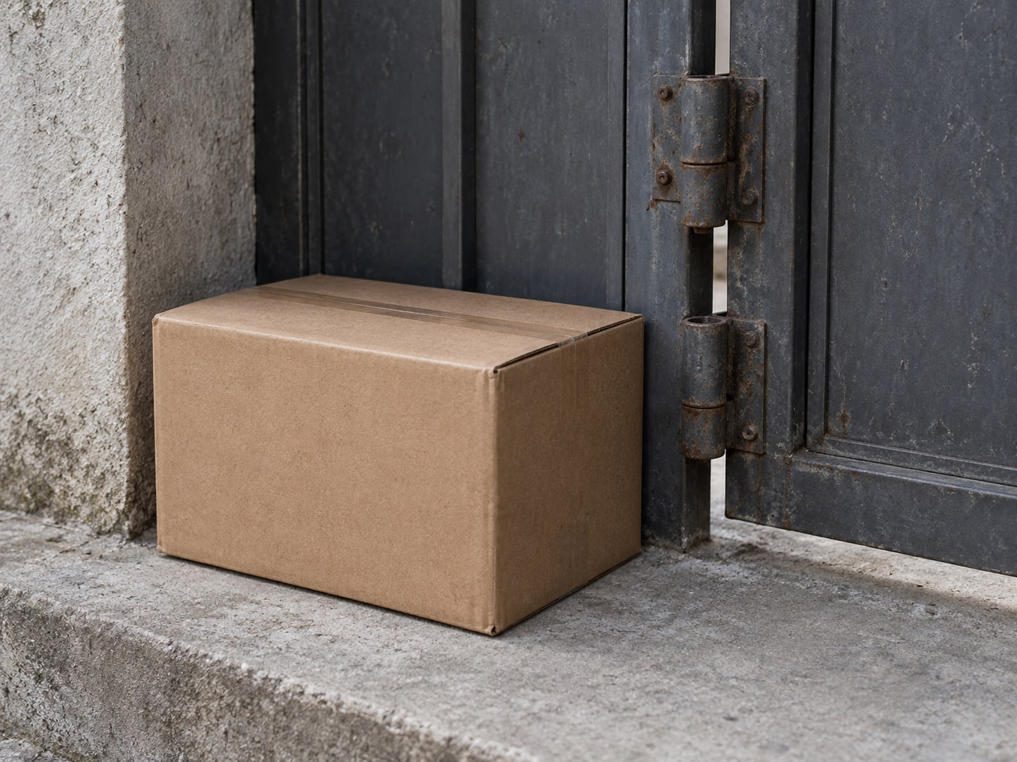 A single sealed cardboard box on a doorstep beside a pair of closed gate hinges.