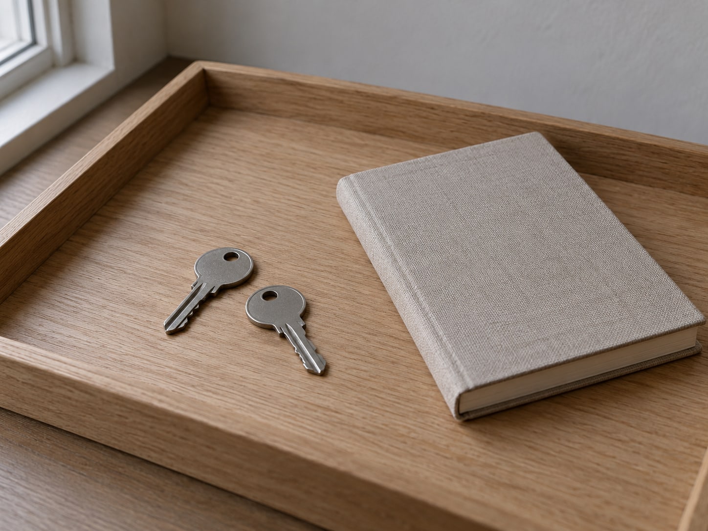 Two small keys on a plain wooden tray beside a closed notebook.