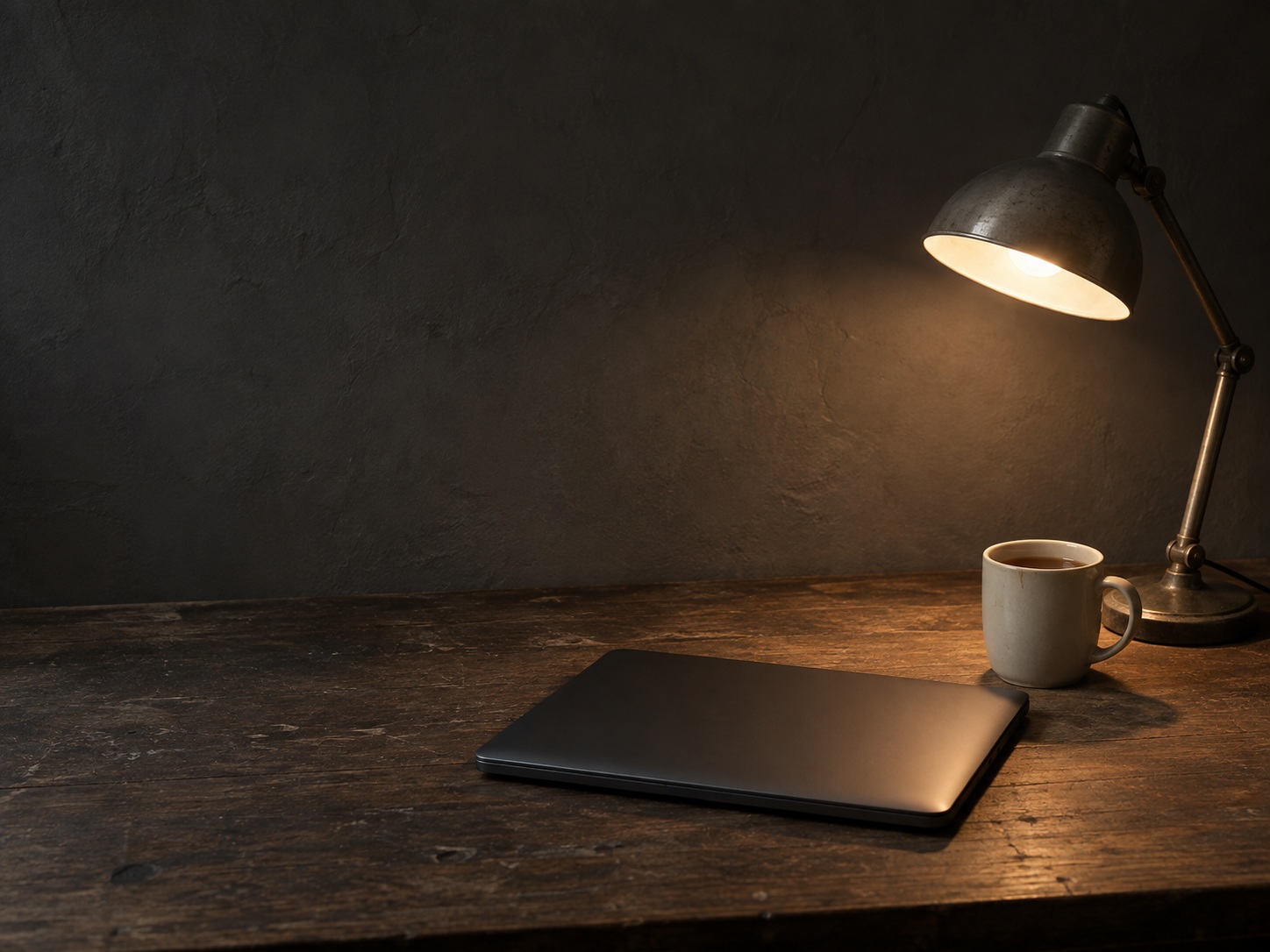 A closed laptop beside a mug of tea and a lit desk lamp on a wooden desk in the evening.