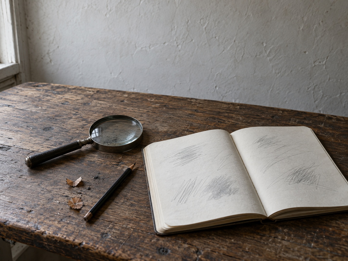 An open notebook with faint pencil marks, a pencil and a magnifying glass on a wooden table.