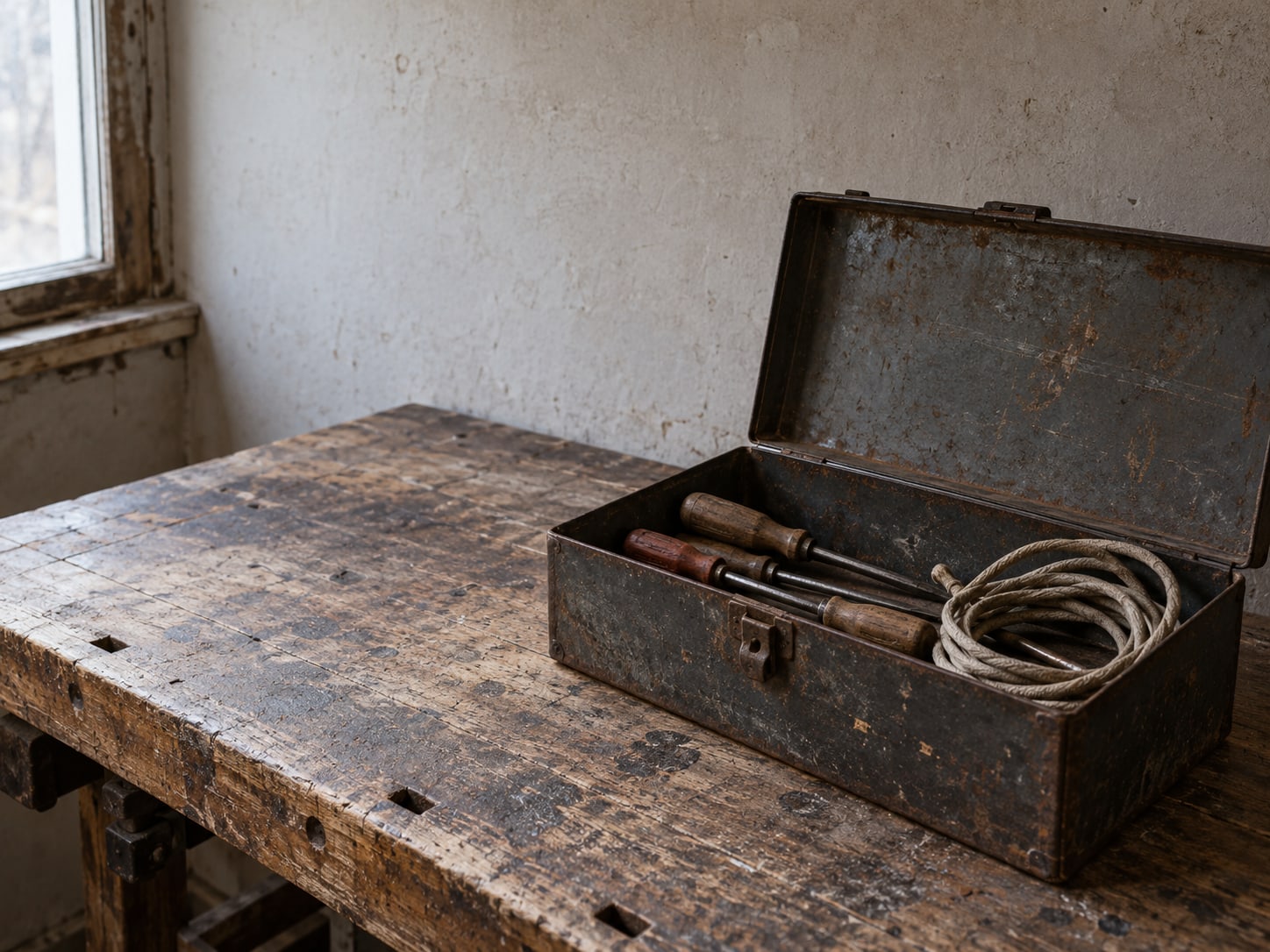 A toolbox with its lid open on a workshop bench, holding a few plain screwdrivers and a coil of cord.