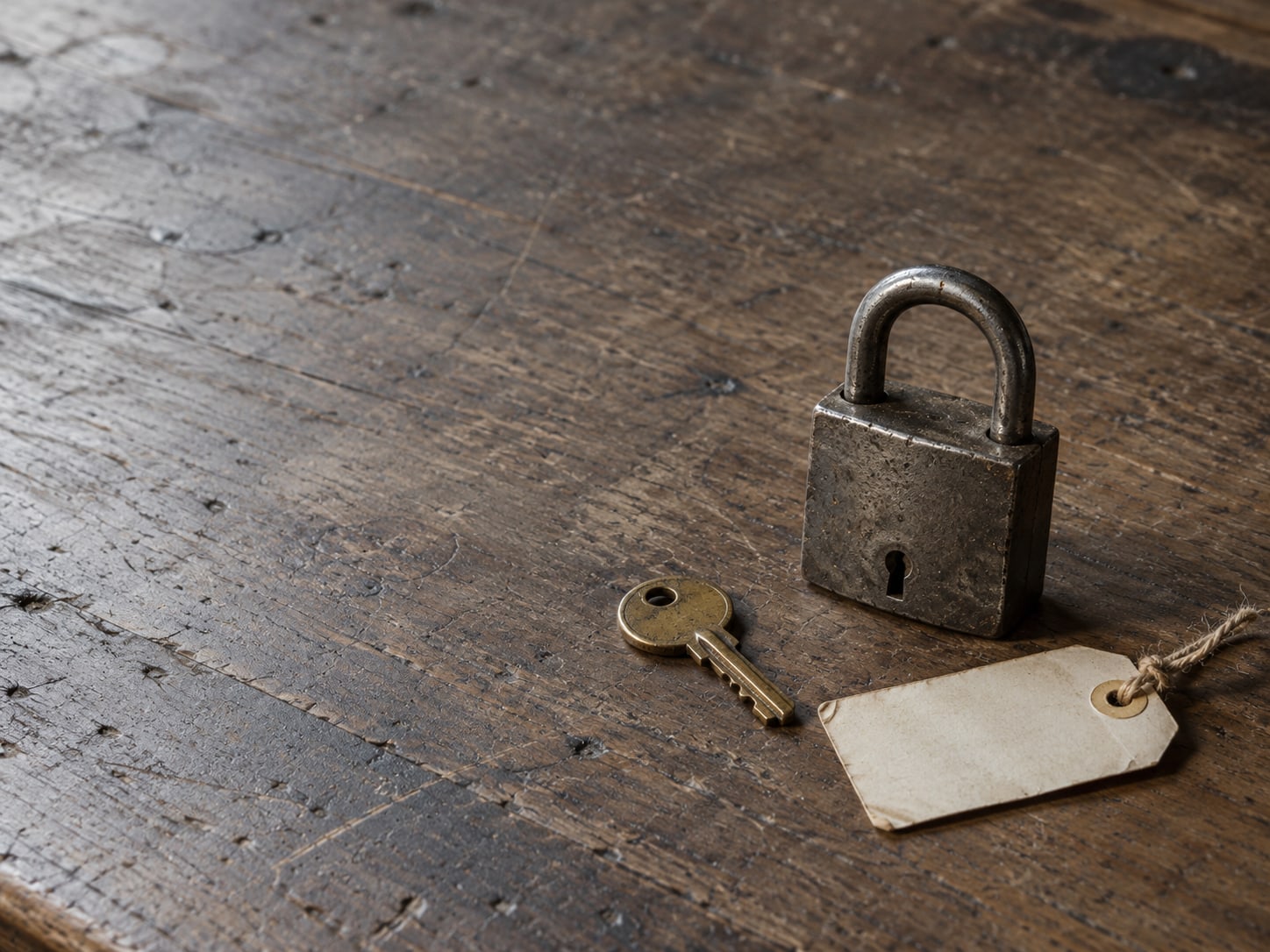 A single closed padlock resting on a worn wooden desk beside a small brass key and a blank paper tag.