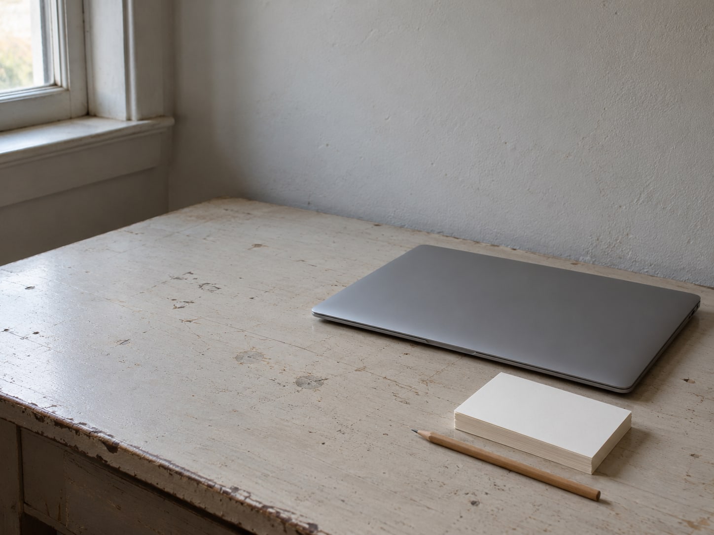 A closed laptop beside a neat stack of blank index cards and a pencil on a pale desk.