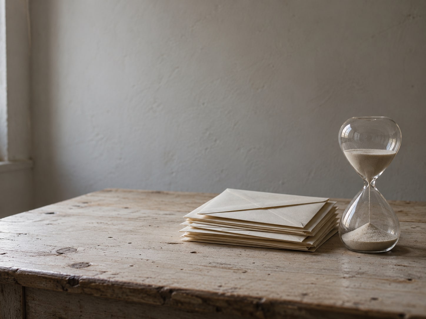 An hourglass on a plain table beside a small stack of sealed envelopes under soft window light.