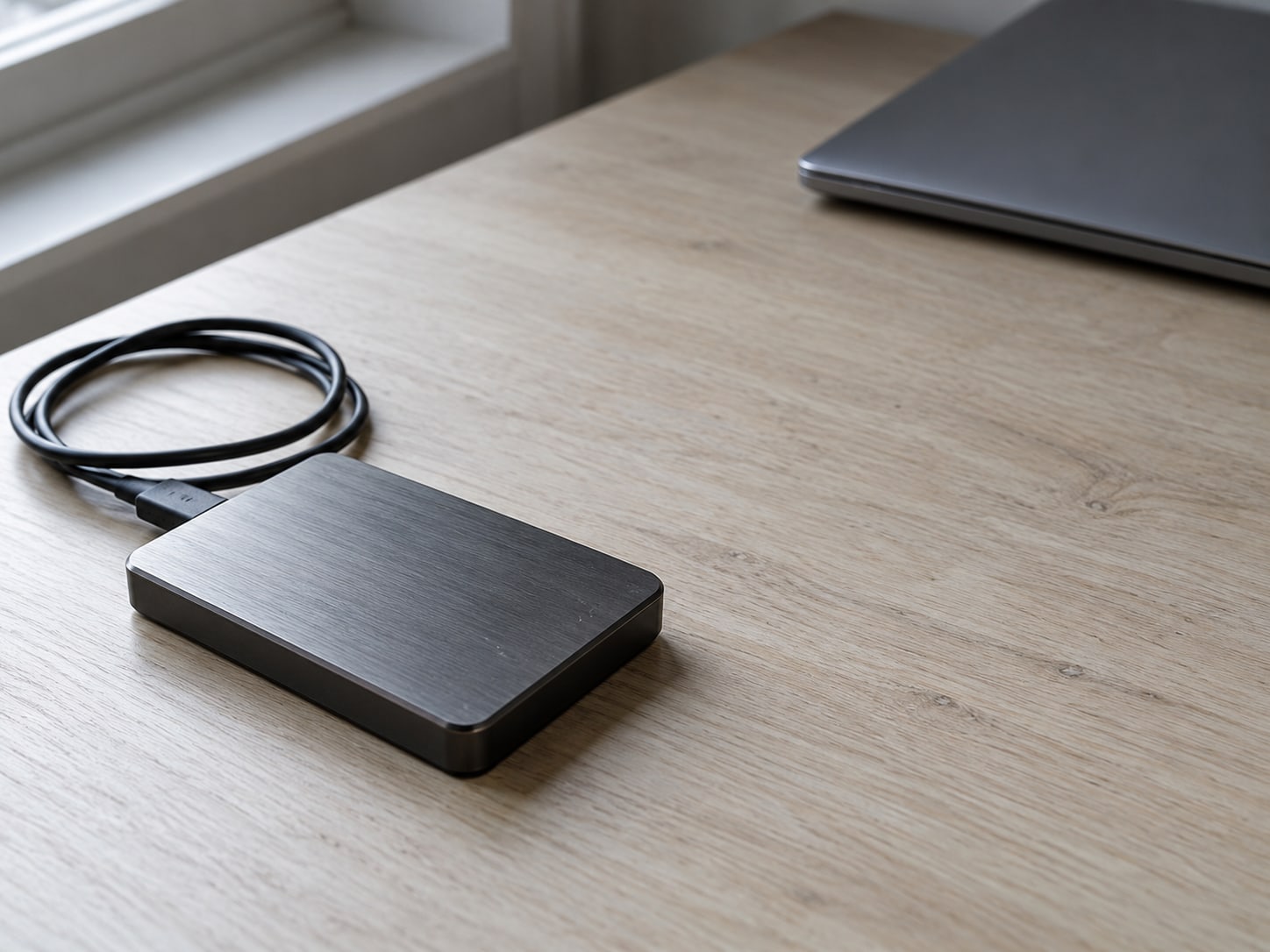 Un disco duro externo pequeño con el cable enrollado junto a una laptop cerrada, sobre un escritorio limpio.