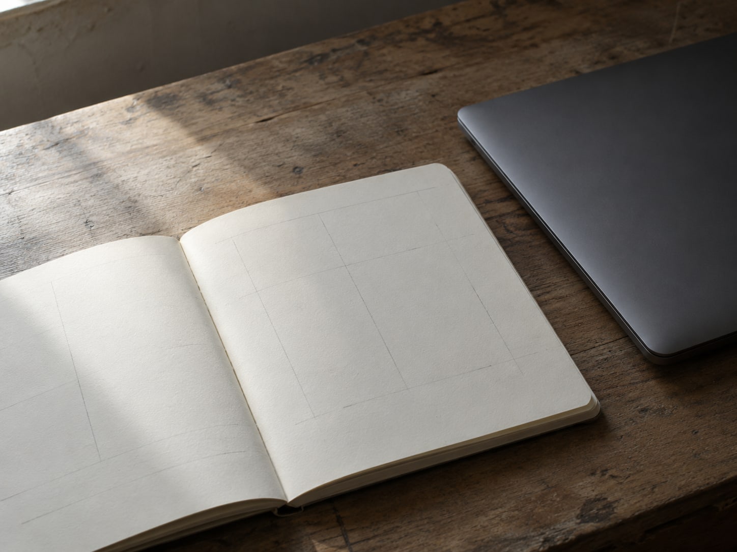 Una página de planificador en blanco sobre un escritorio, con marcas tenues de lápiz, junto a una laptop cerrada sobre una mesa de madera.