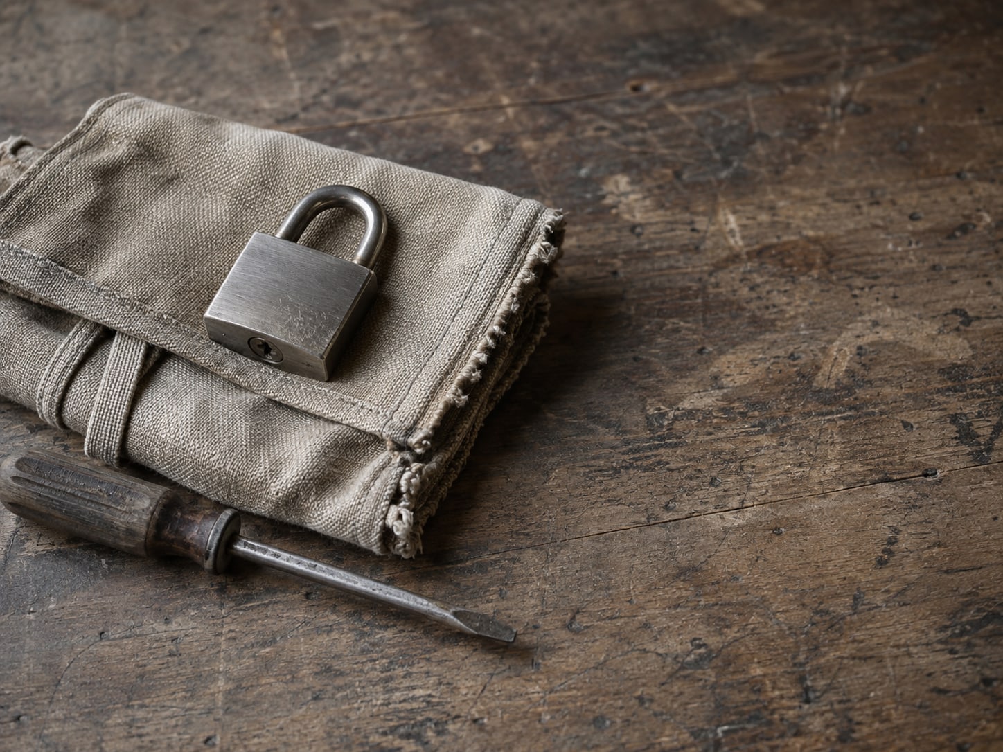 A padlock resting on a folded canvas tool roll beside a small screwdriver on a workbench.