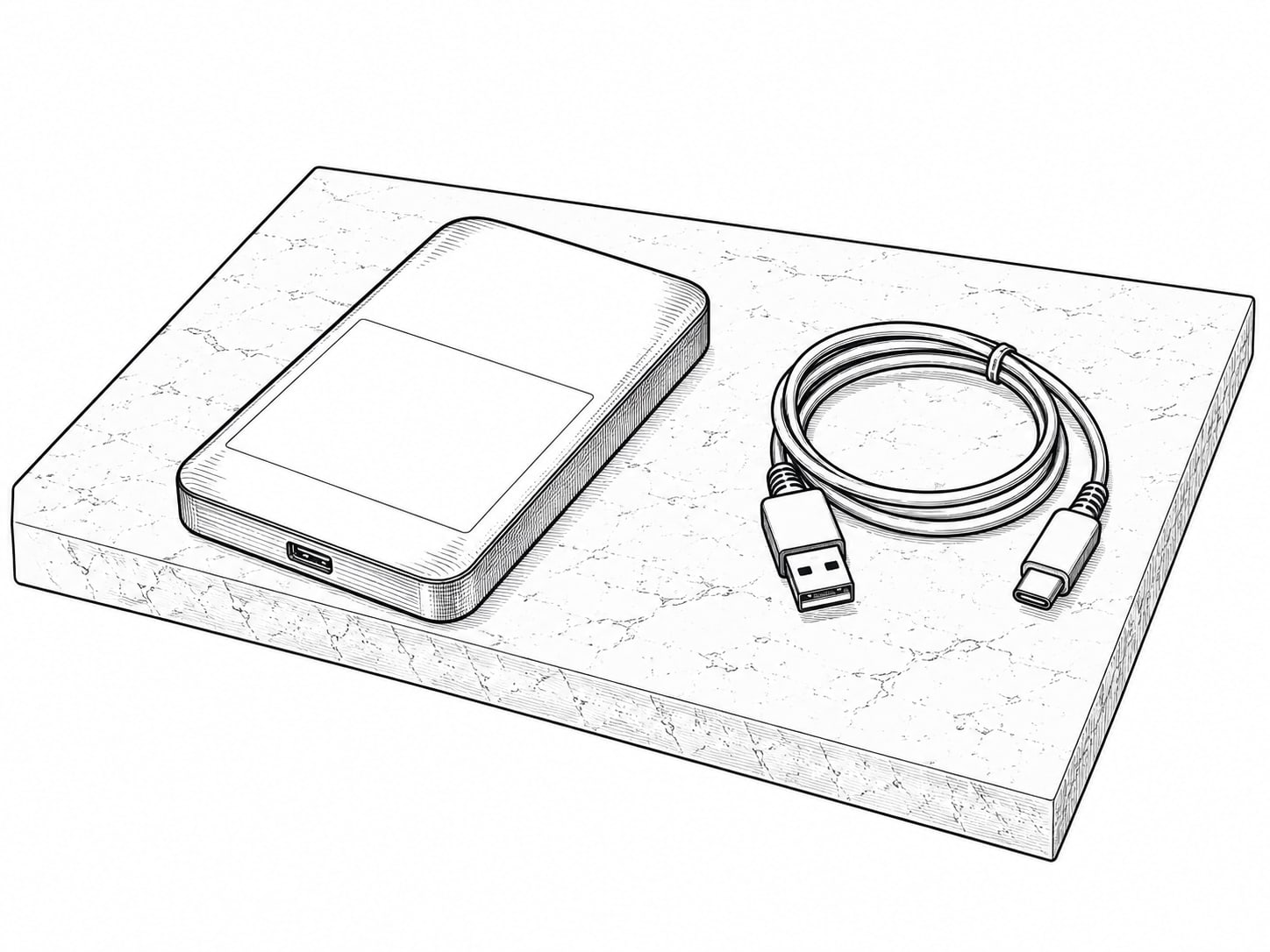 An external hard drive with a blank white label next to a coiled cable on a gray stone countertop.