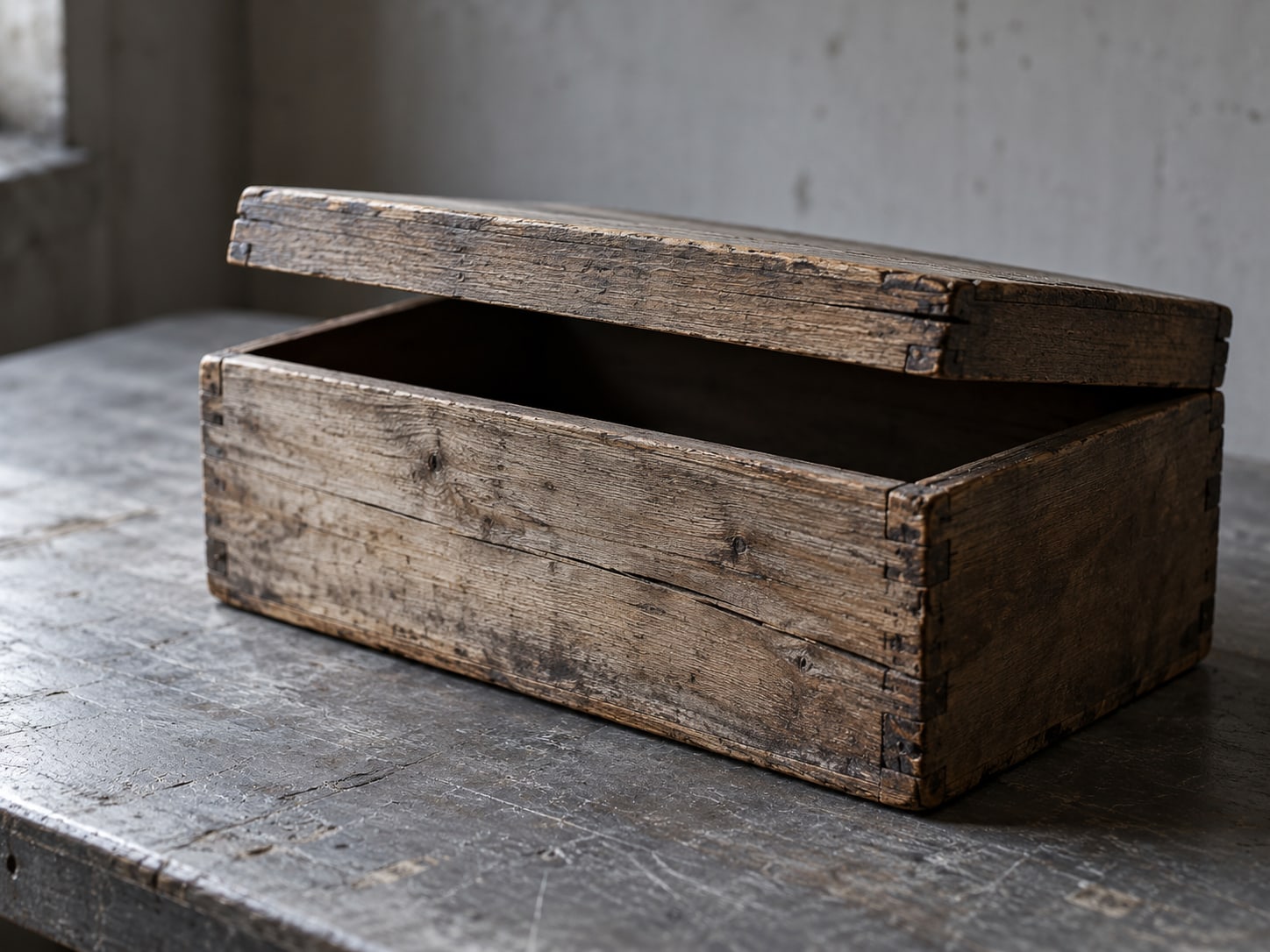 A cracked wooden box with its lid pried open, resting on a bare workbench.
