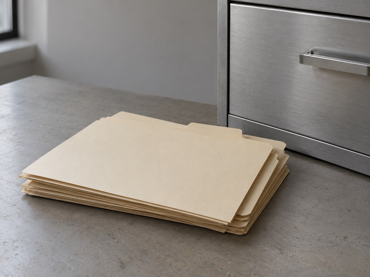 A small stack of folders with blank tabs beside a closed metal filing drawer.