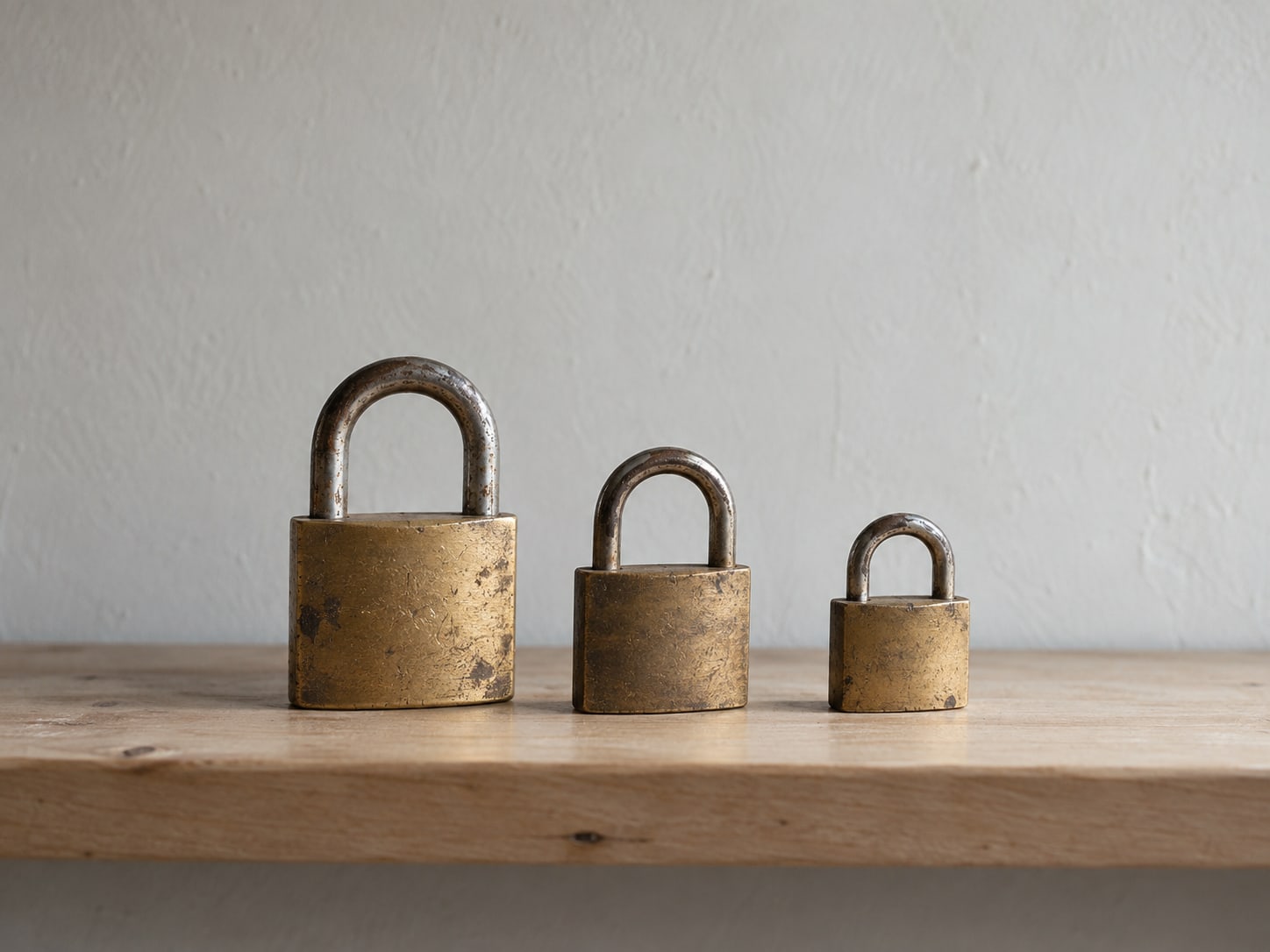 A neat row of three padlocks of different sizes on a plain light shelf.