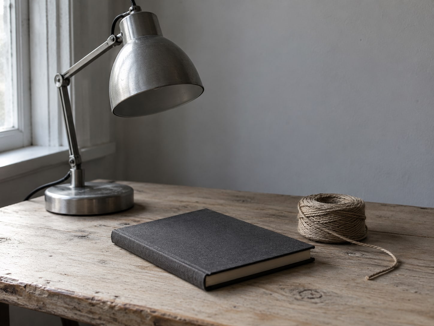 Una sola lámpara de escritorio apagada junto a una libreta cerrada y un rollo de cuerda sobre una mesa de madera gastada.
