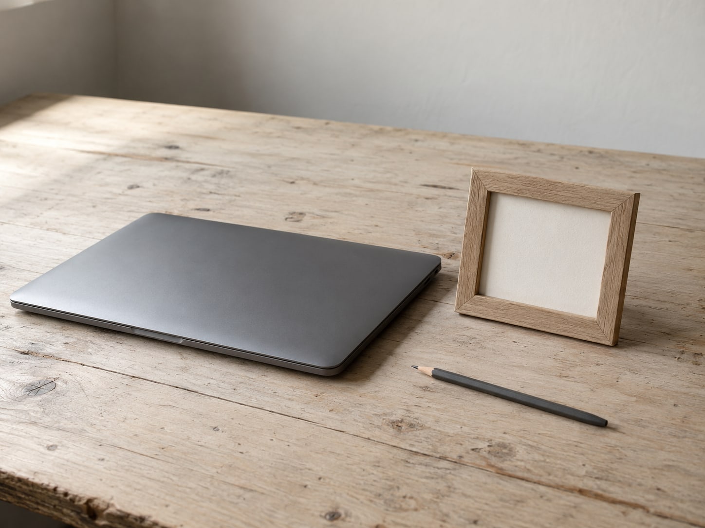 Una laptop cerrada junto a un pequeño marco de madera y un lápiz sobre un escritorio liso, preparados para una mirada tranquila a un enlace desconocido.