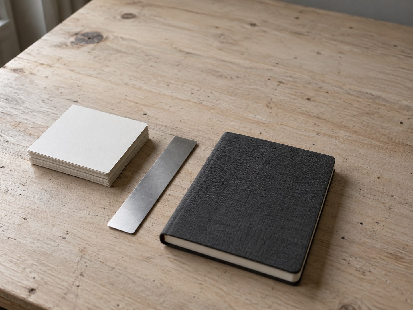 Una pila de tarjetas de índice en blanco, una pequeña regla de metal y una libreta cerrada alineadas sobre un escritorio claro.