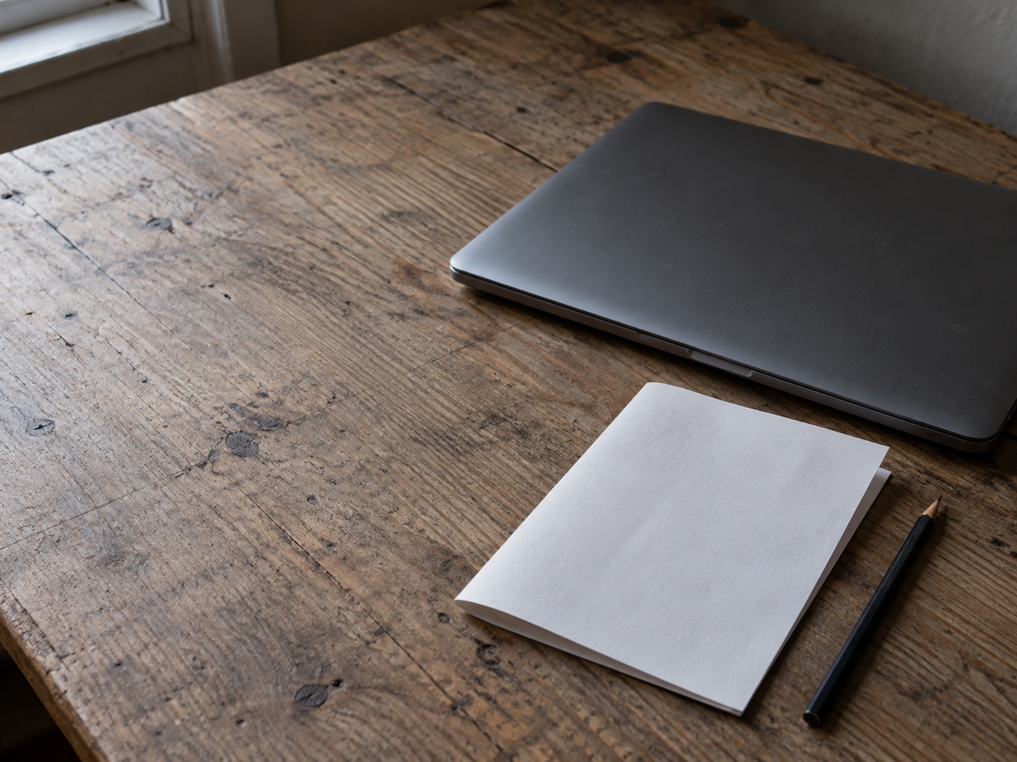 A closed laptop beside a folded sheet of blank paper and a sharpened pencil on a worn wooden desk.