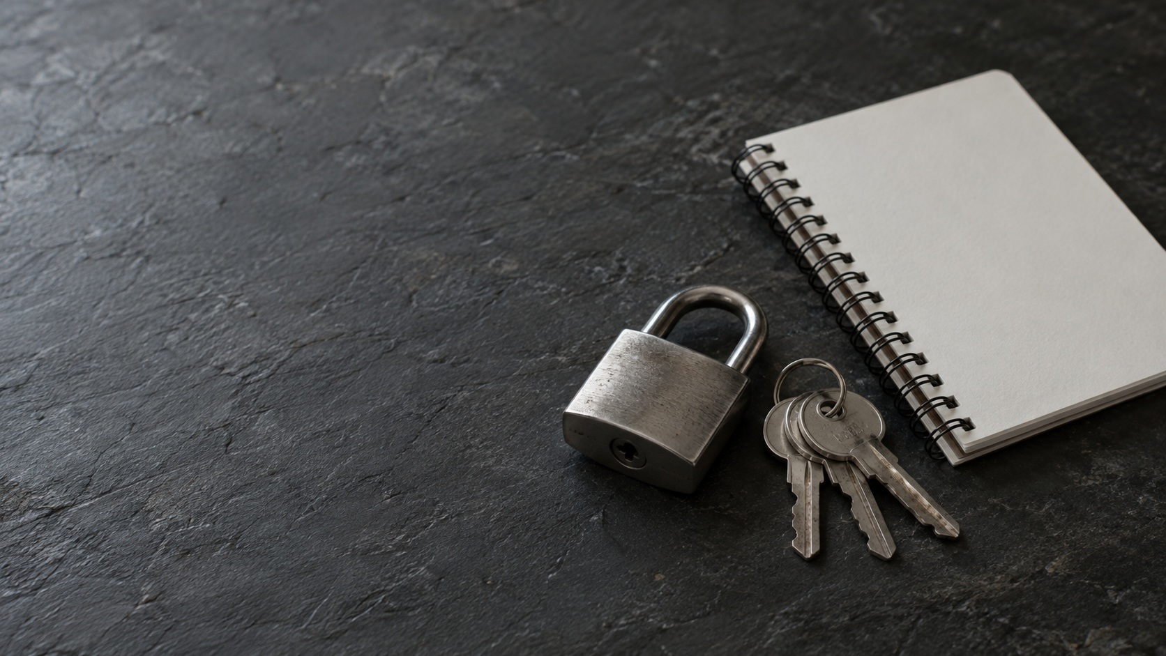 A small closed padlock beside a ring of keys and a blank notepad on a dark slate surface.