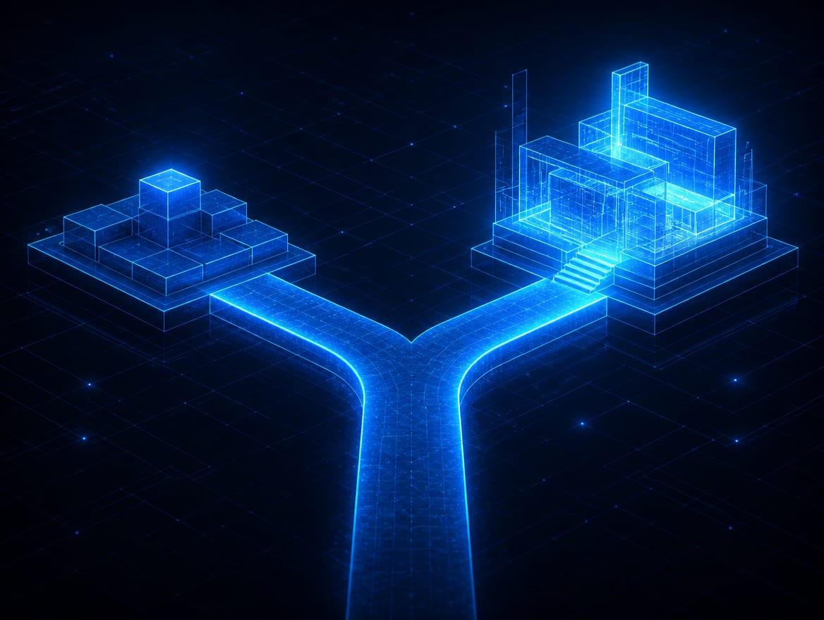 A decision fork showing a content platform on one branch and a custom build on the other, chosen by the type of site.
