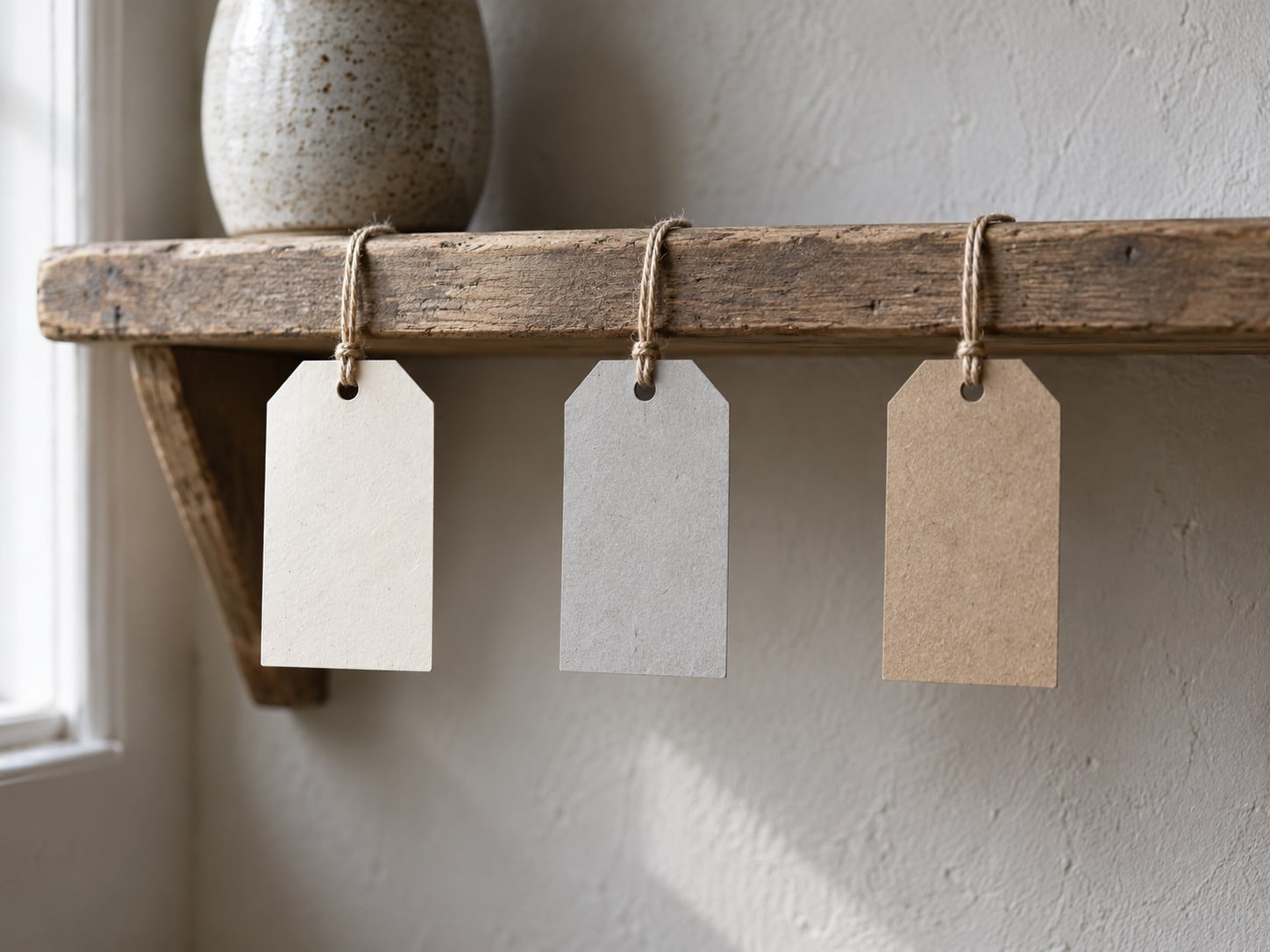 A row of three paper tags tied to a plain wooden shelf, each a different color and each blank.