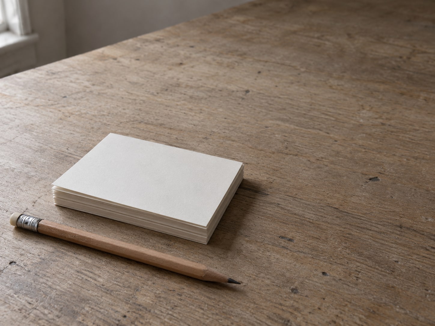 A small stack of blank index cards beside a sharpened pencil on a plain wooden desk.