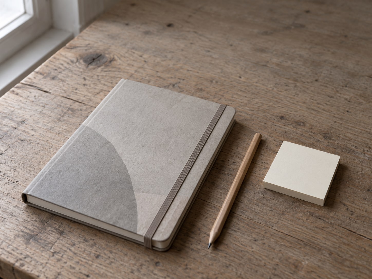 A closed paper planner lying beside a pencil and a small stack of blank sticky notes on a desk.