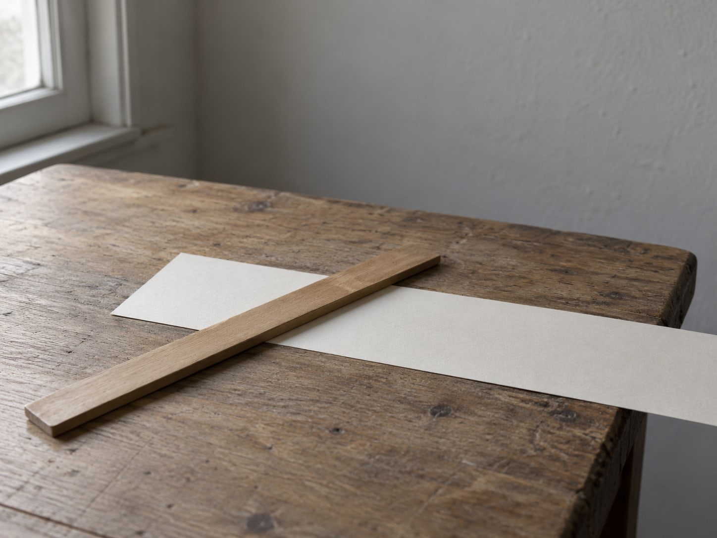 A wooden ruler lying across a long strip of blank paper that runs off the edge of a desk.