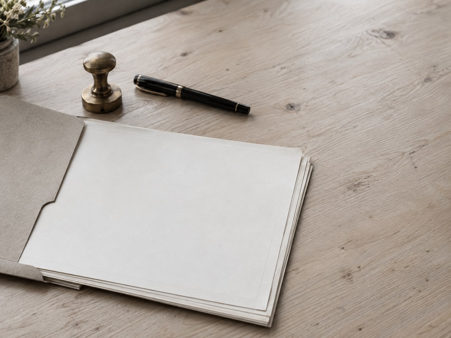 A small stack of certificates in a plain folder next to a brass desk stamp and a closed fountain pen.