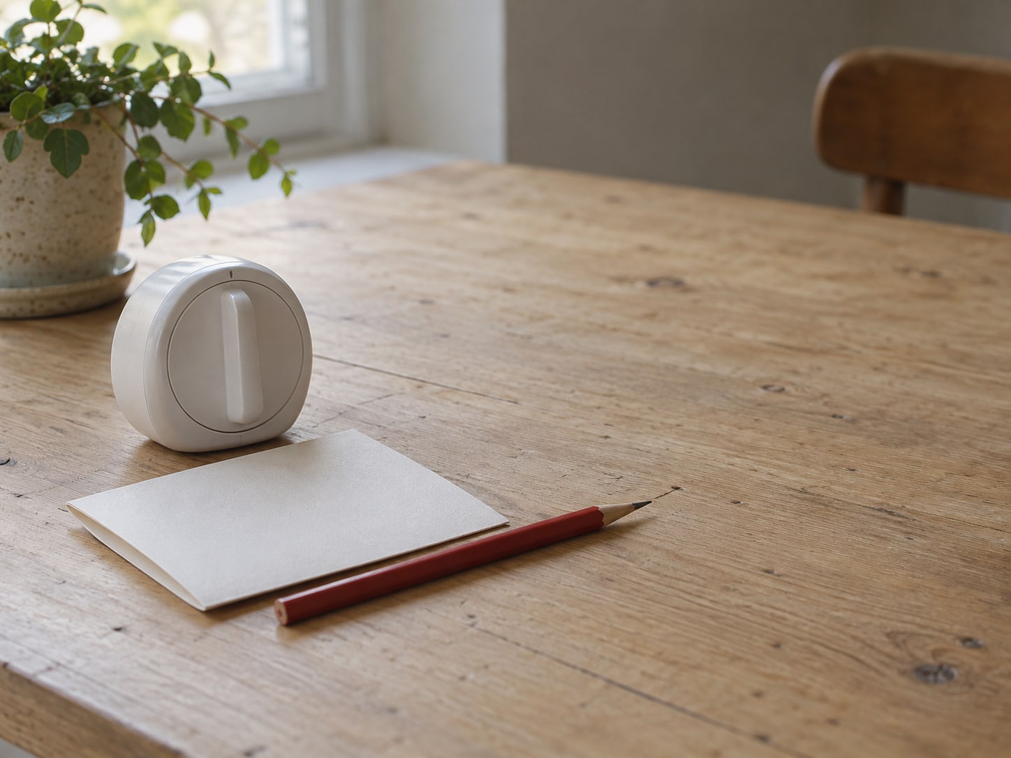 A kitchen timer set beside a folded sheet of blank paper and a red pencil on a light wooden table.