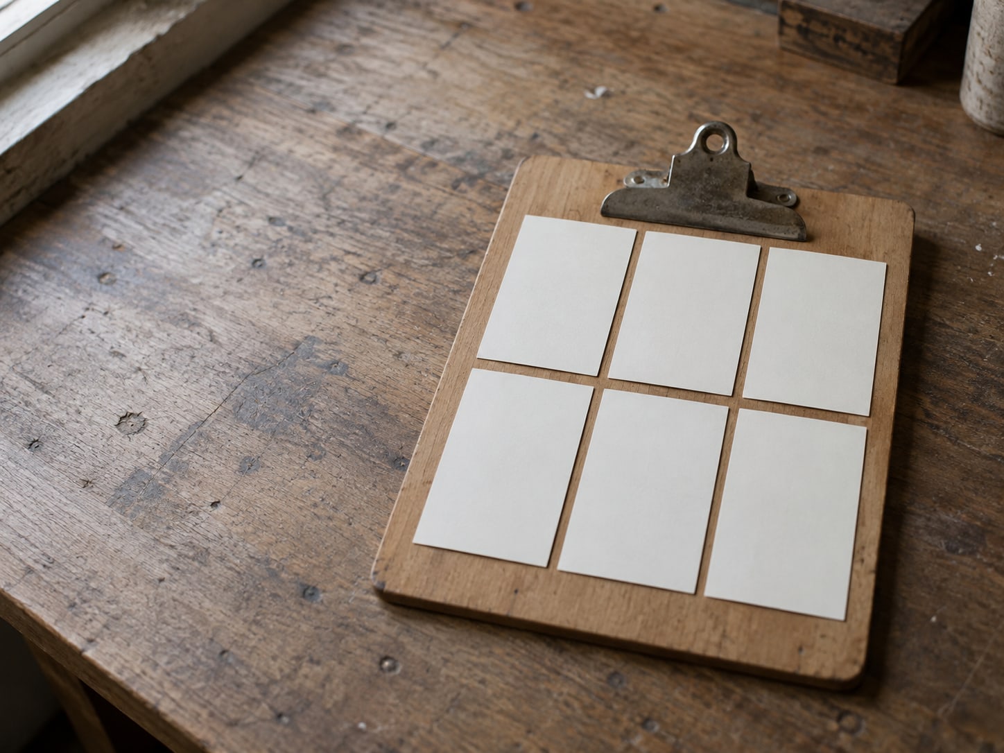 A simple wooden clipboard holding six blank index cards laid out in two neat rows on a workbench.