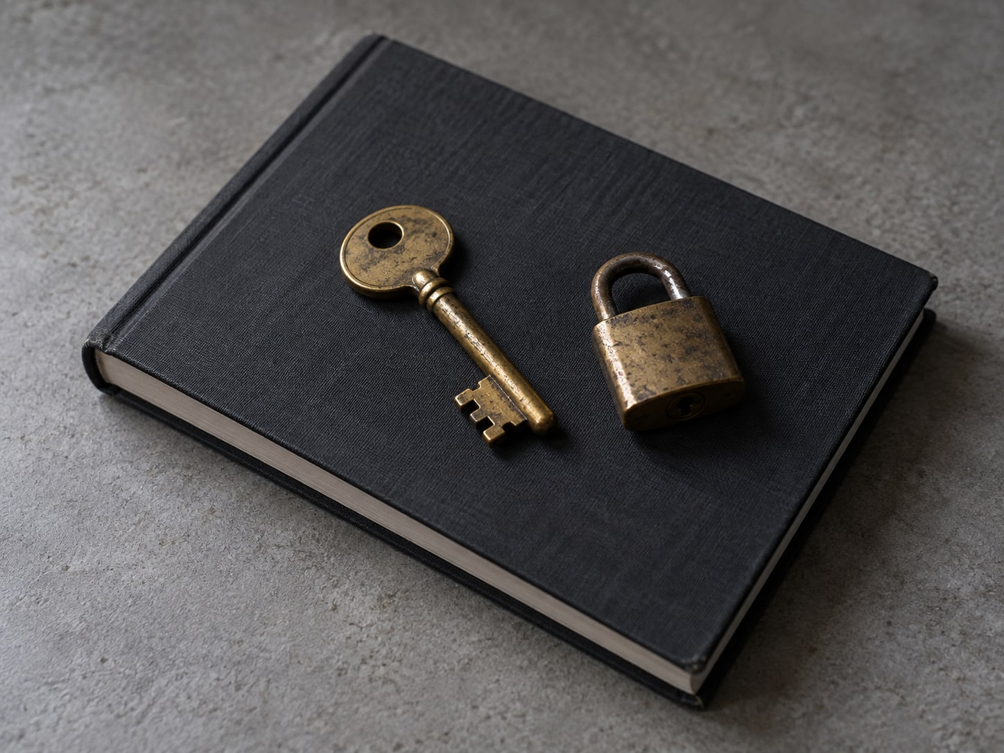 A single brass key resting on a closed hardcover notebook beside a small padlock.