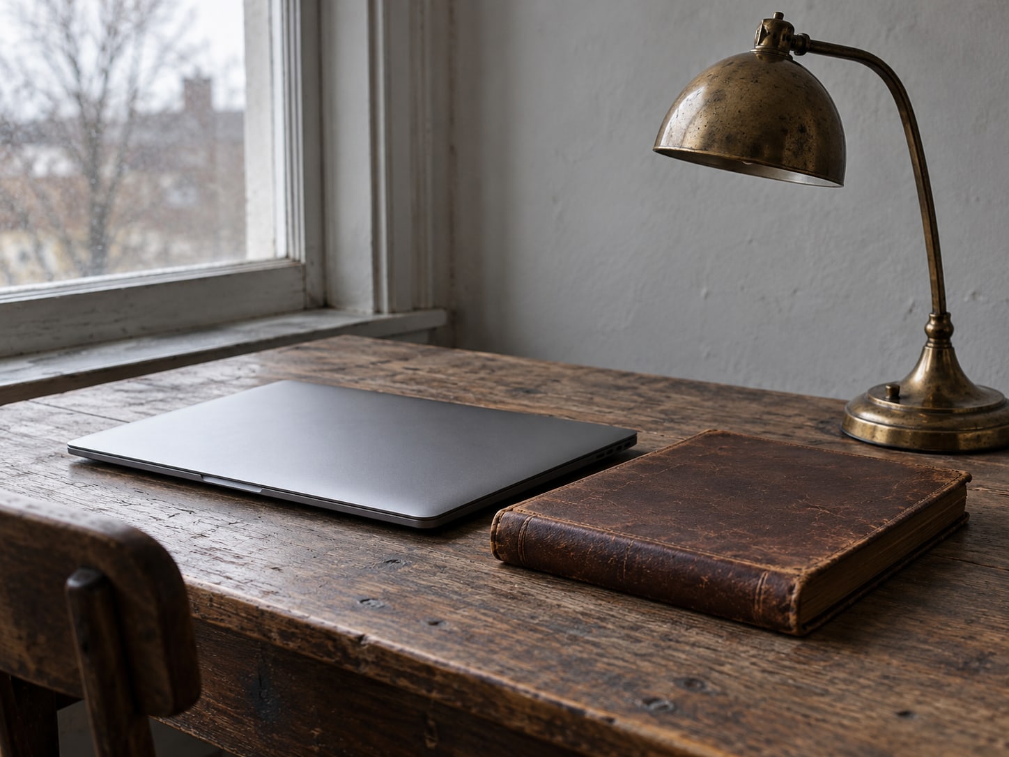 A closed laptop beside a worn leather ledger and a brass desk lamp on a wooden desk.