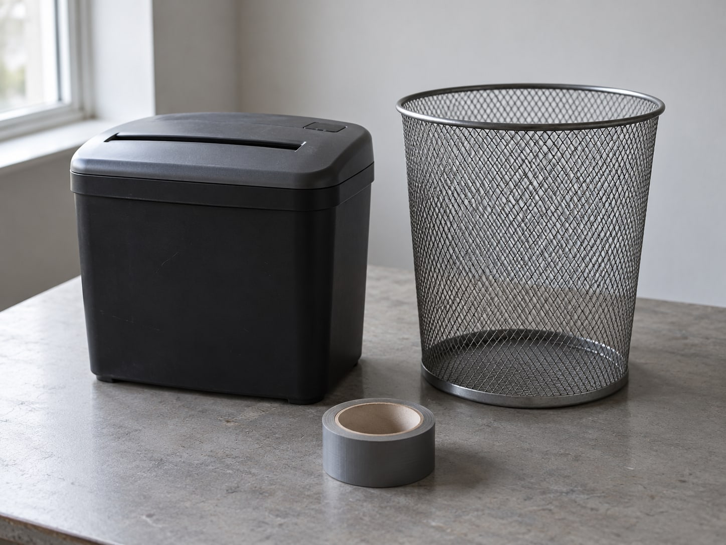 A paper shredder beside an empty wire basket and a roll of tape on a gray work table.