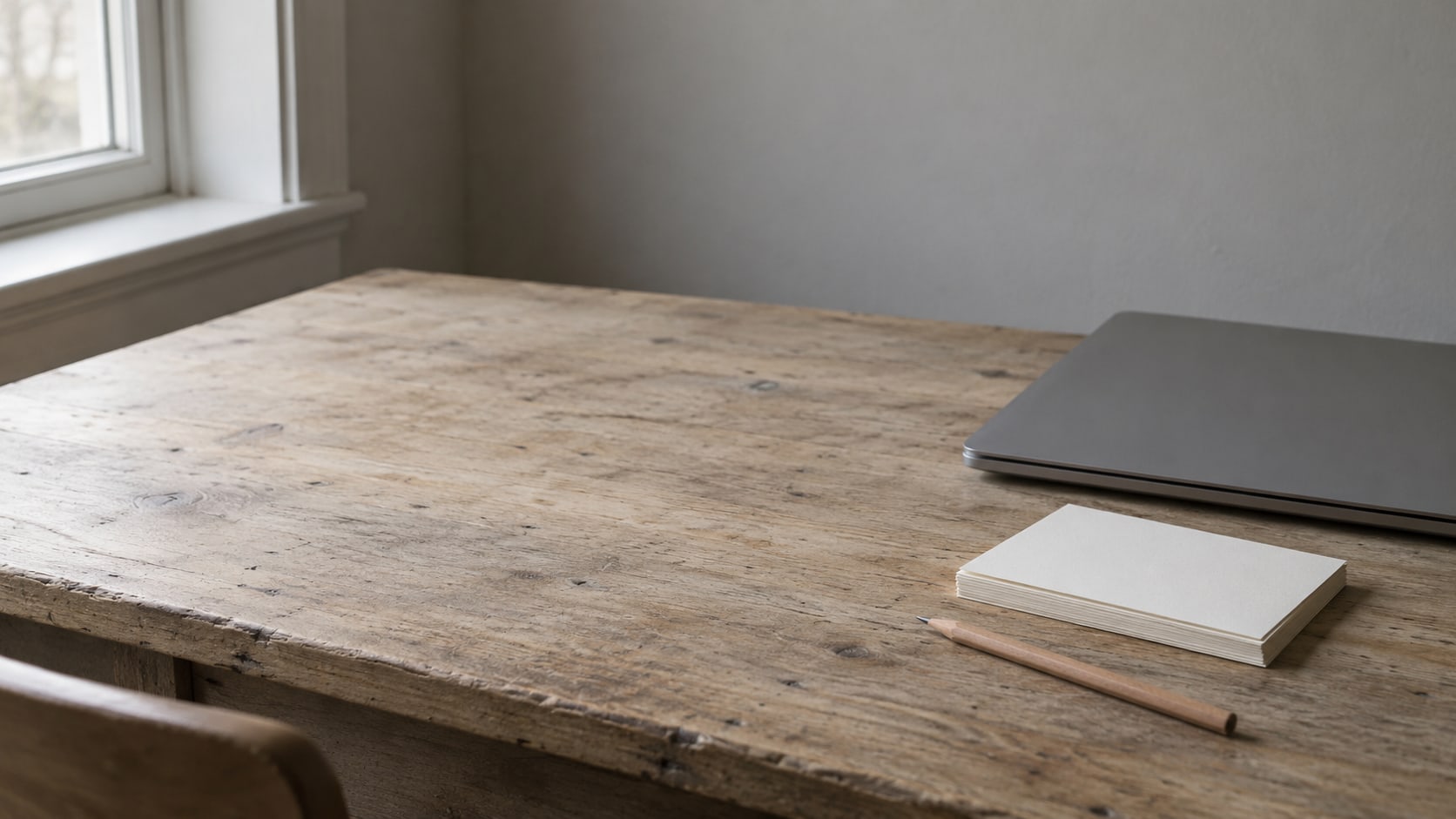 A closed laptop beside a short stack of blank index cards and a pencil on a worn wooden desk.