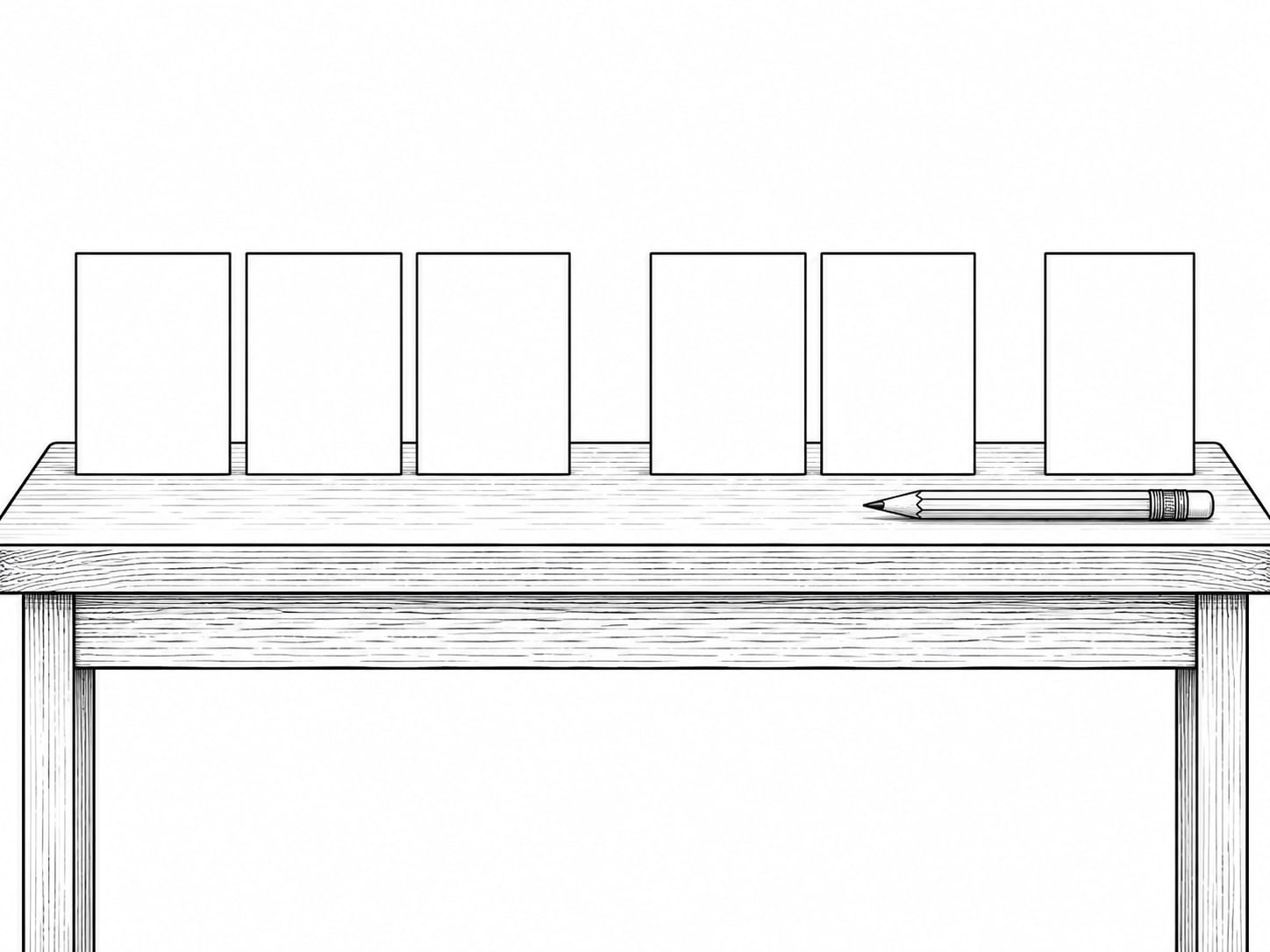 A tidy row of six blank paper cards on a table, with a pencil laid across the end of the row.