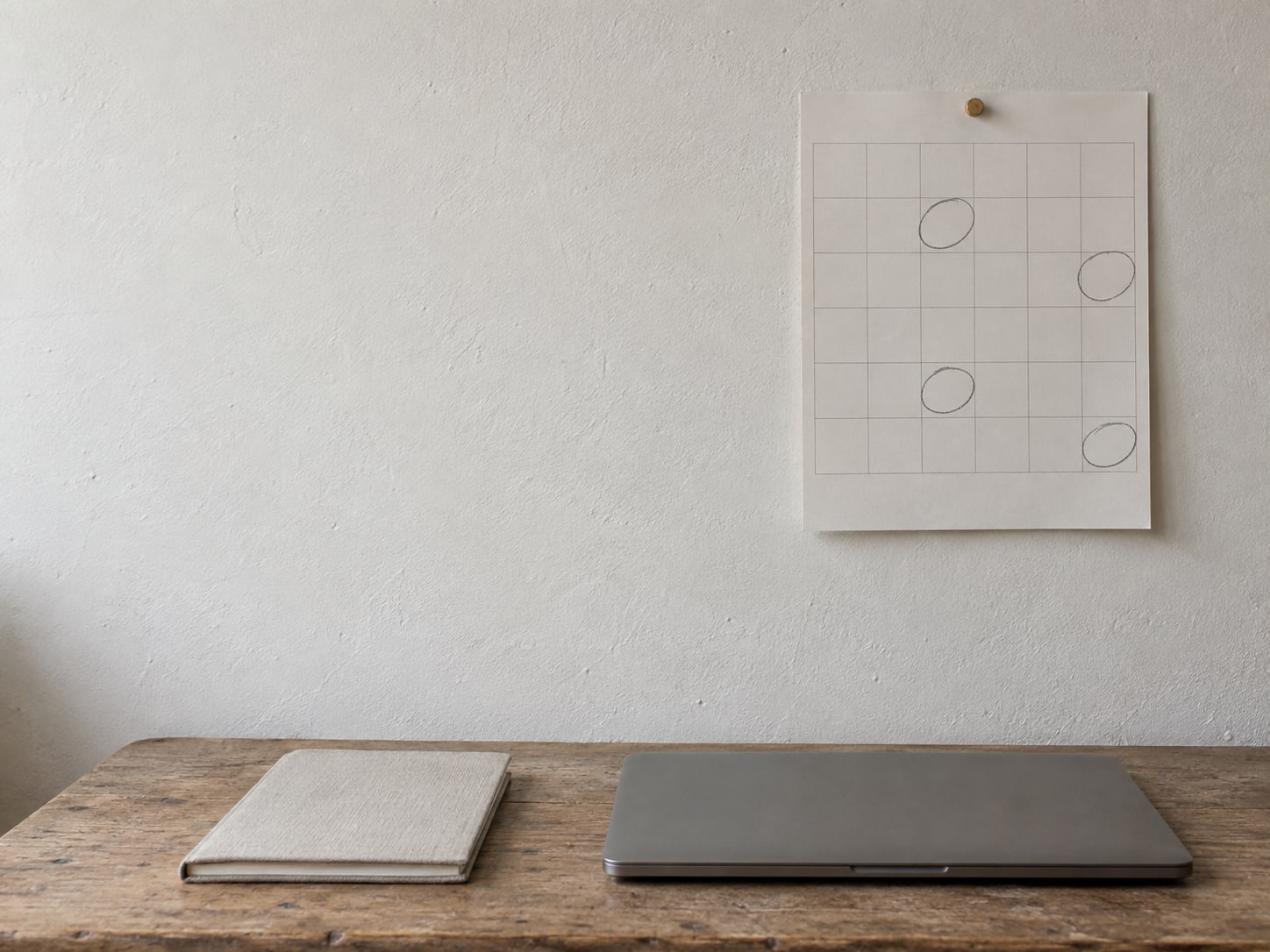 A wall calendar with several dates circled in pencil beside a small notebook and a closed laptop.